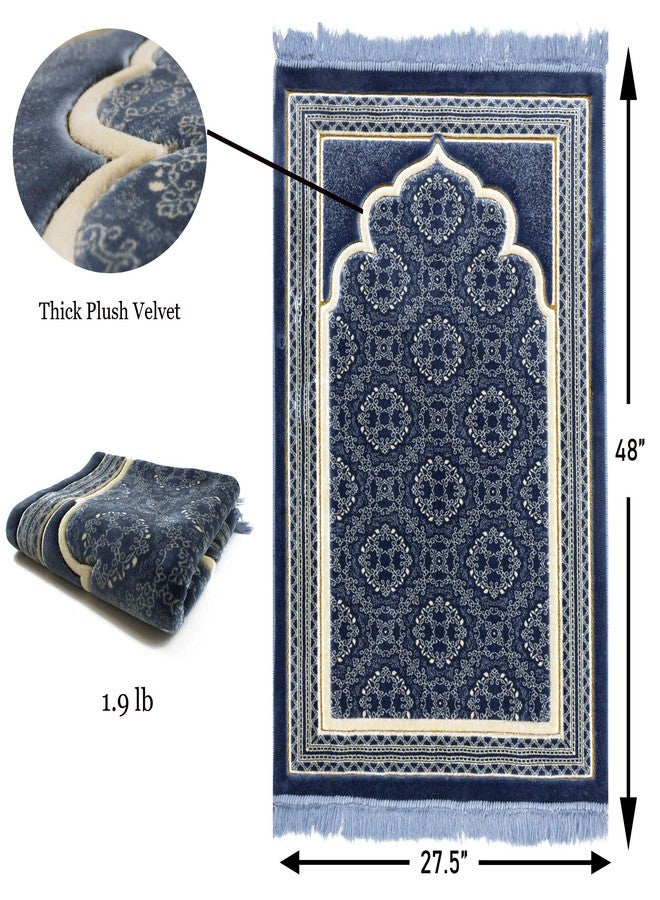 Modefa Turkish Islamic Prayer Rug - Soft Velvet Janamaz Praying Carpet - Comfortable Muslim Praying Mat for Men & Women - Ramadan or Eid Gift - with Kufi Prayer Cap - Elegant Swirl (Blue) - Image 2